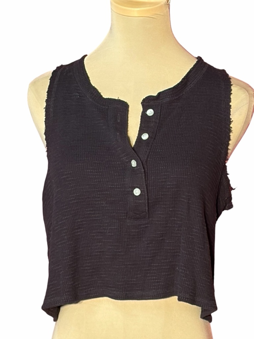 Aerie Black Sleeveless Henley Crop Top Size Medium